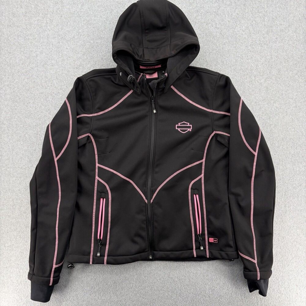 Harley Davidson Womens XL RCS Softshell Jacket Black Pink Hooded Moto Riding